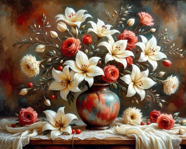 Still Life Painting of White Lilies and Pink Roses