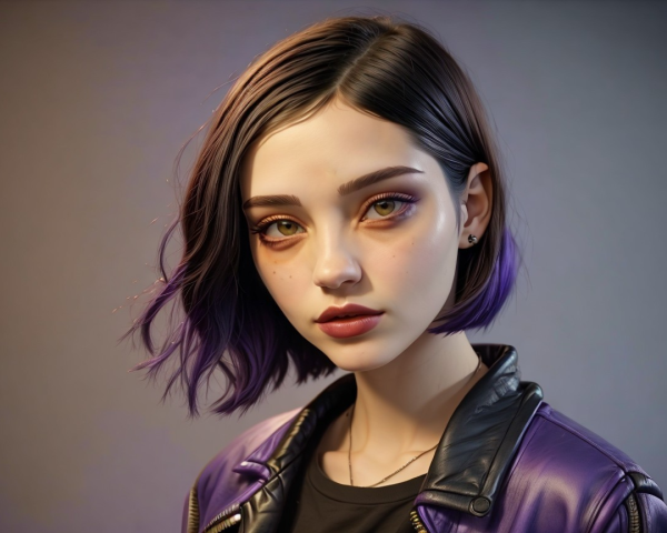 Young Woman with Edgy Purple Hair and Stylish Outfit