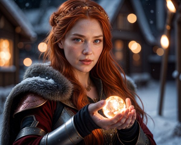 Young woman in ornate costume with glowing orb in snow