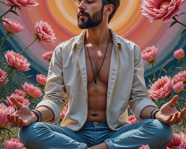 Young man meditating in a vibrant lotus garden