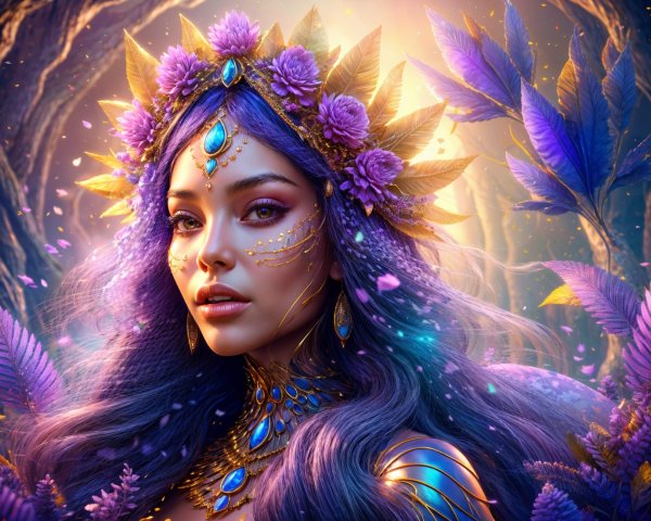 Mystical figure in vibrant foliage with glowing elements