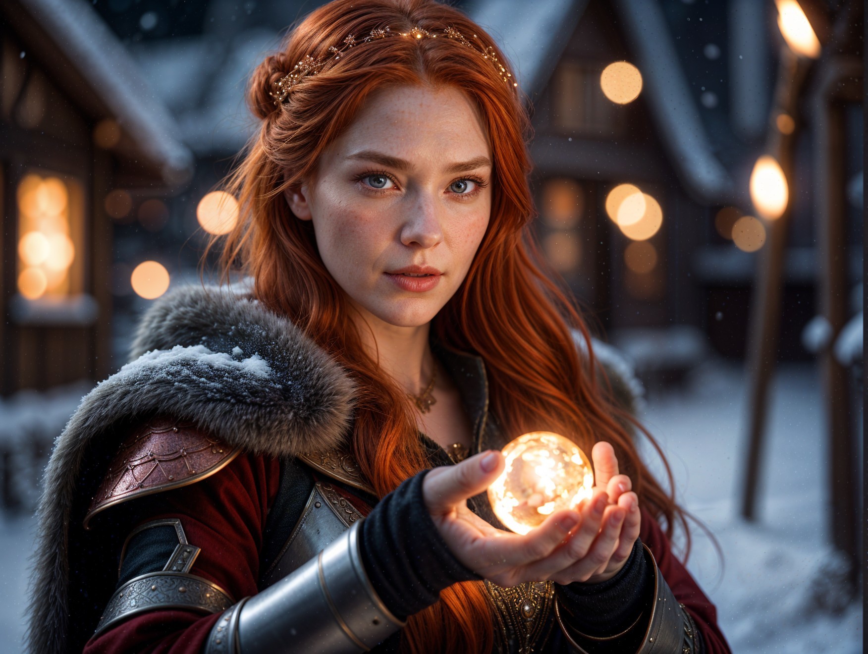 Young woman in ornate costume with glowing orb in snow