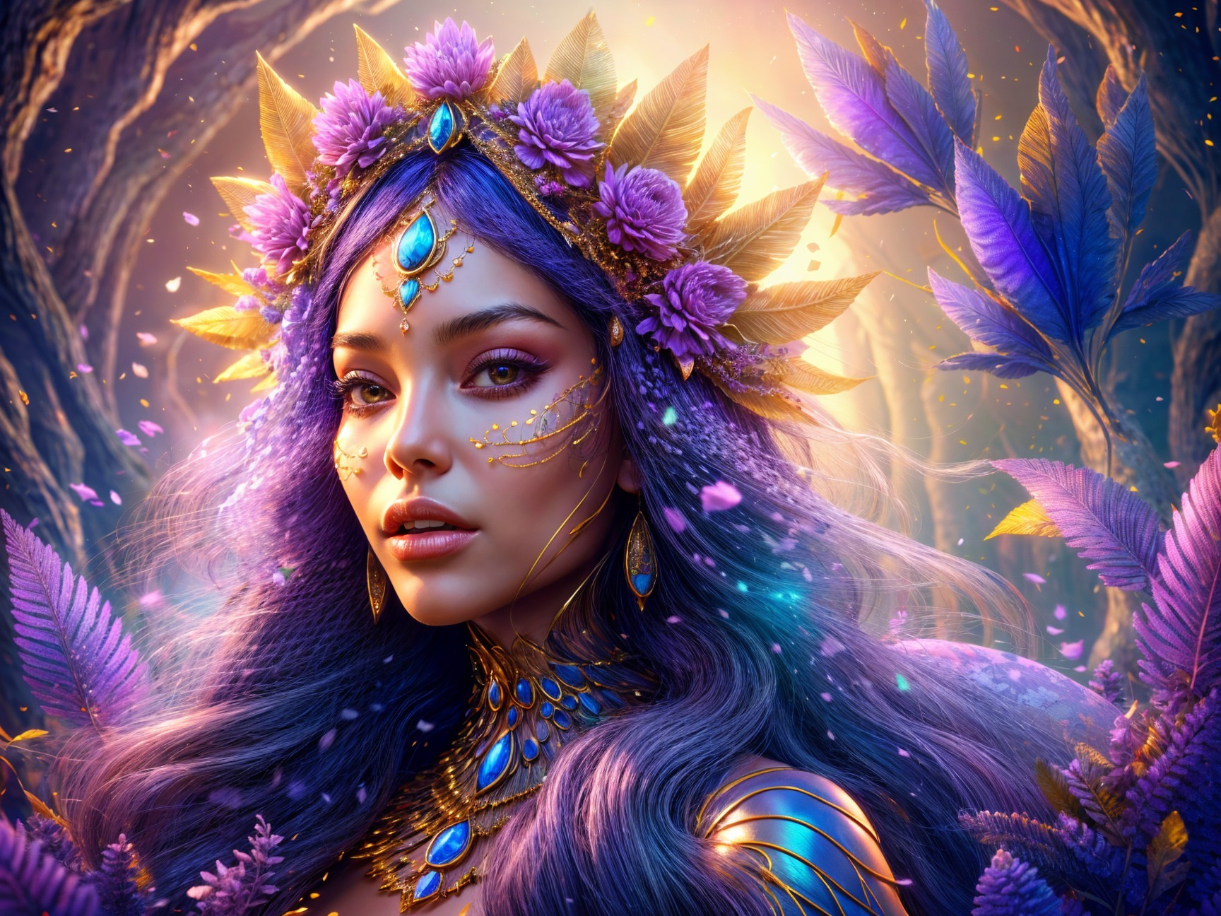 Mystical figure in vibrant foliage with glowing elements