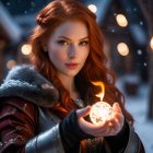 Young woman in ornate costume with glowing orb in snow