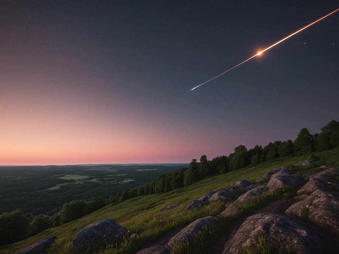 Twilight Landscape with Rolling Hills and Meteor