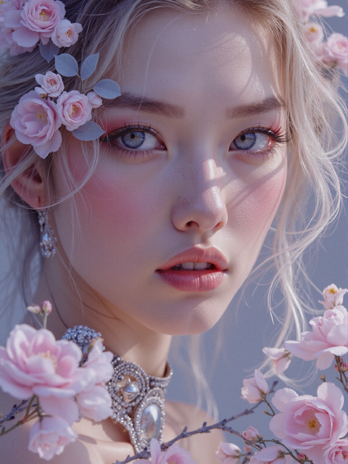 Close-Up Portrait of a Young Woman with Flowers