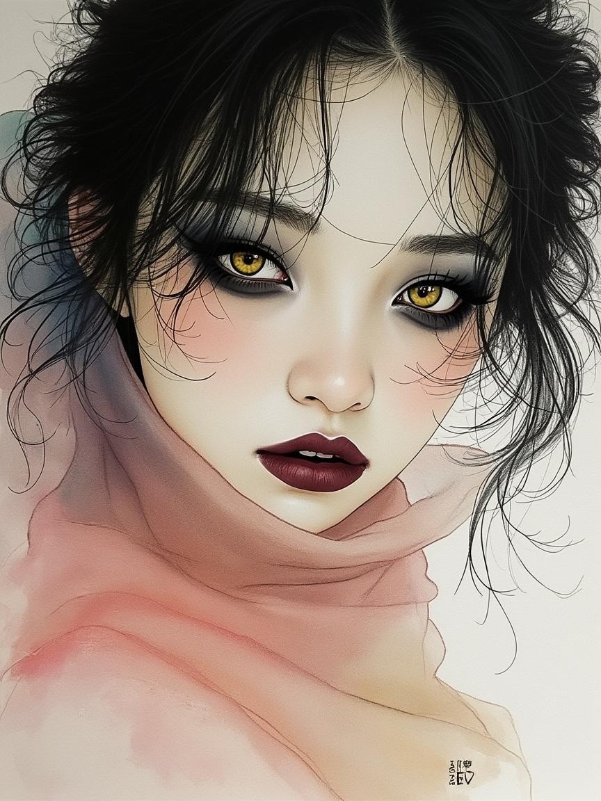 Portrait of a Young Woman with Yellow Eyes and Scarf