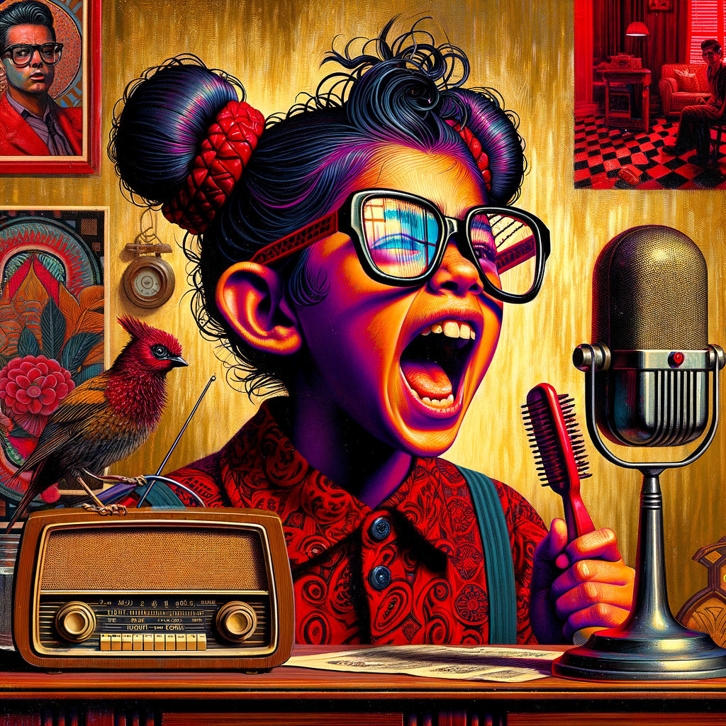 Joyful Girl Singing with Vintage Microphone and Decor