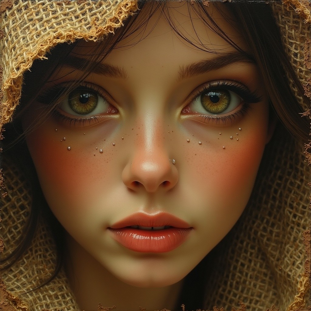Close-up of a young woman's serene face with green eyes