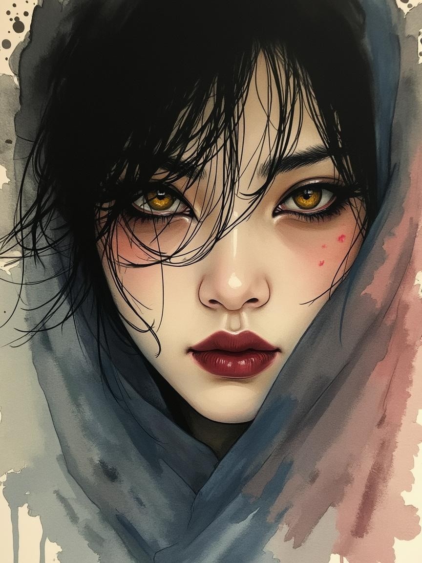 Portrait of Young Woman with Golden Eyes and Watercolor Background