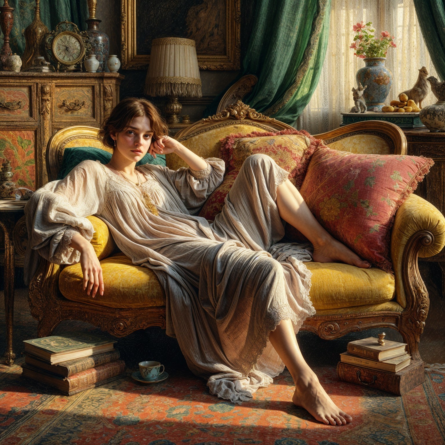 Young Woman on Vintage Sofa in Elegant Room Decor