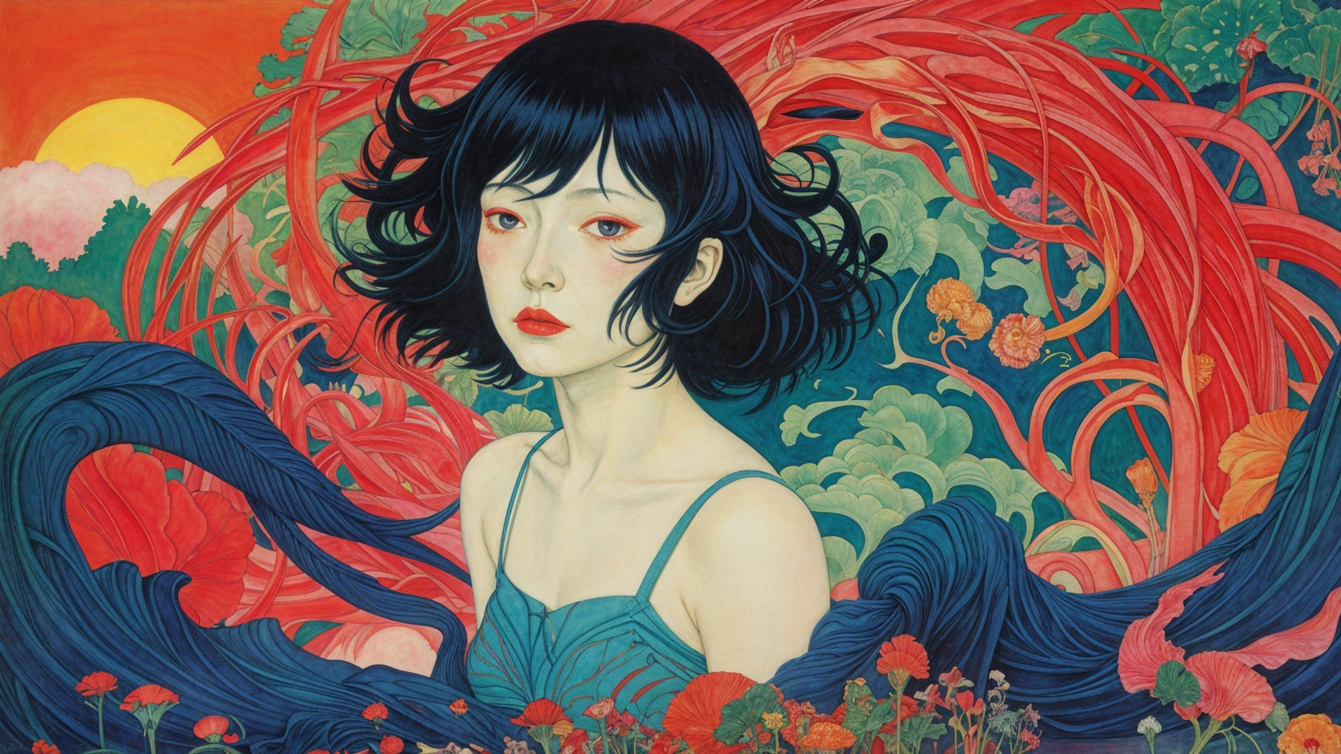 Young woman in blue dress amidst colorful foliage