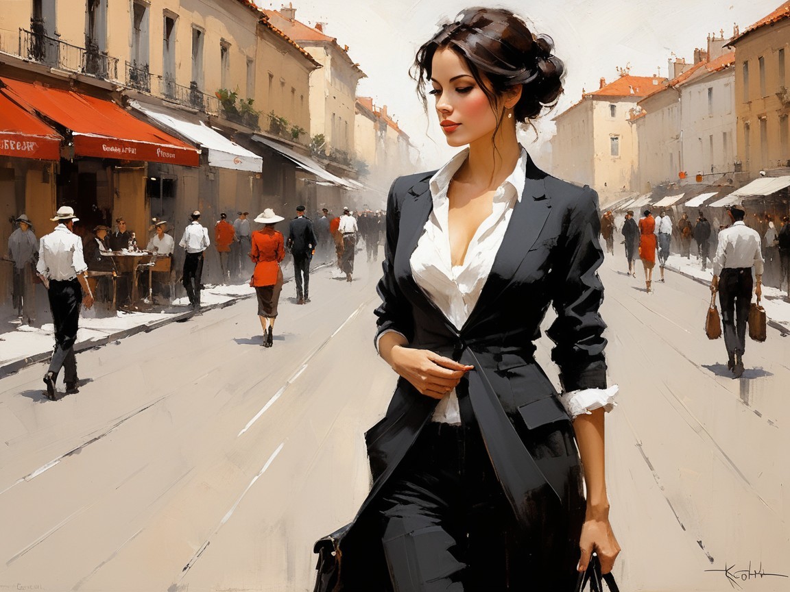 Confident Woman in Tailored Black Suit in Urban Scene