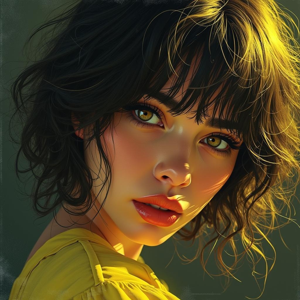 Portrait of Young Woman with Dark Hair and Green Eyes