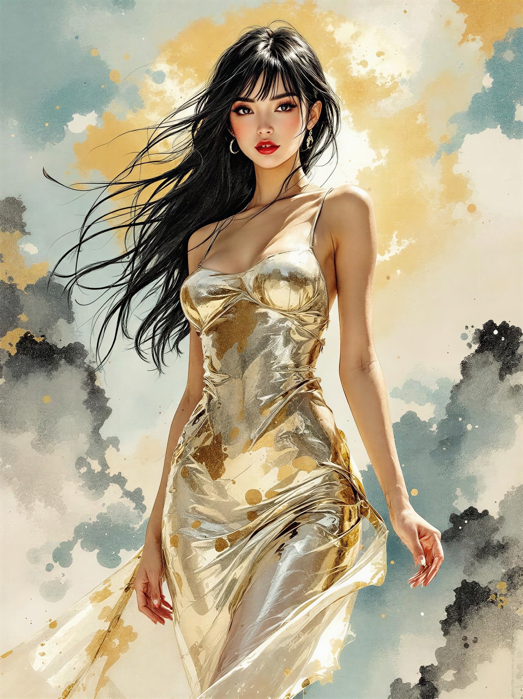 Digital Watercolor of Fair-Skinned Woman with Black Hair
