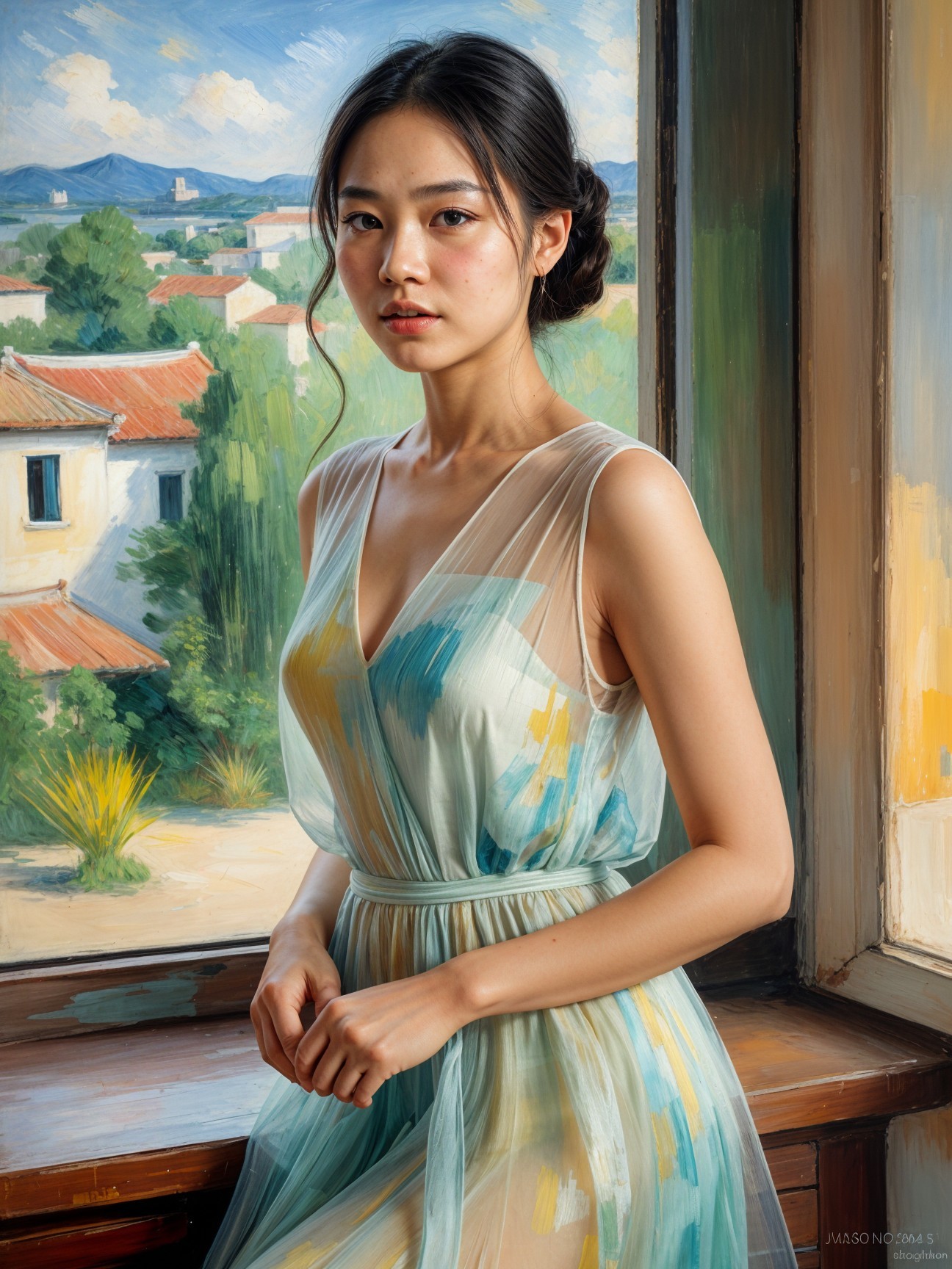 Young Woman by Window in Flowing Dress and Landscape