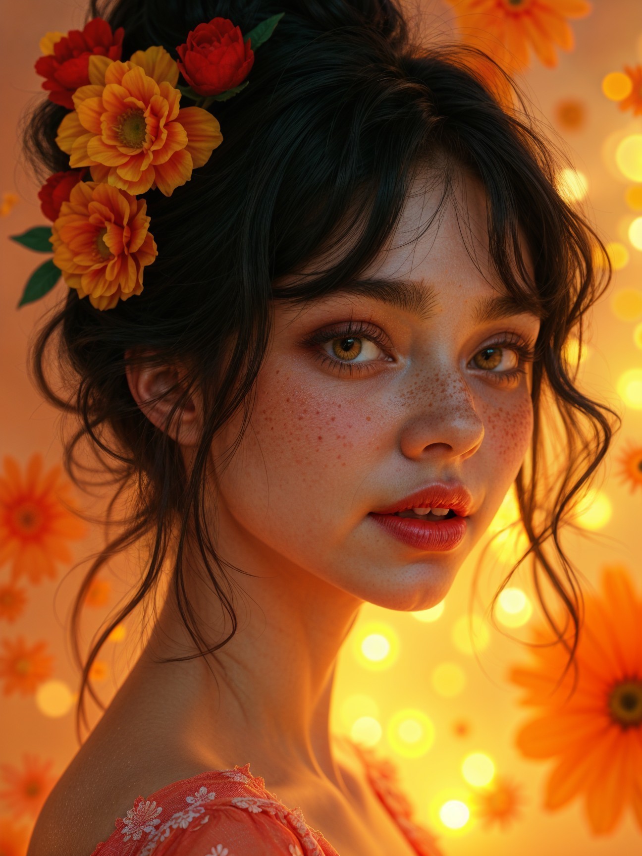 Young woman with floral hair in a glowing setting
