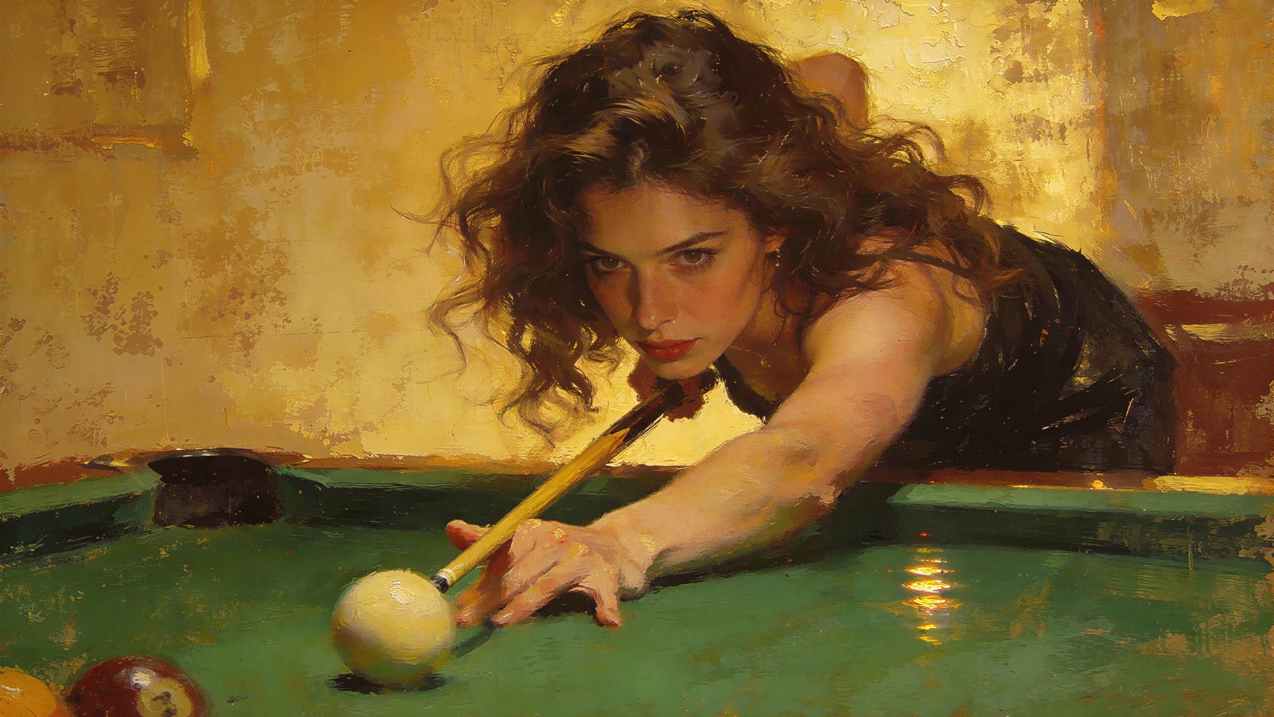 Realistic Painting of Young Woman Playing Pool