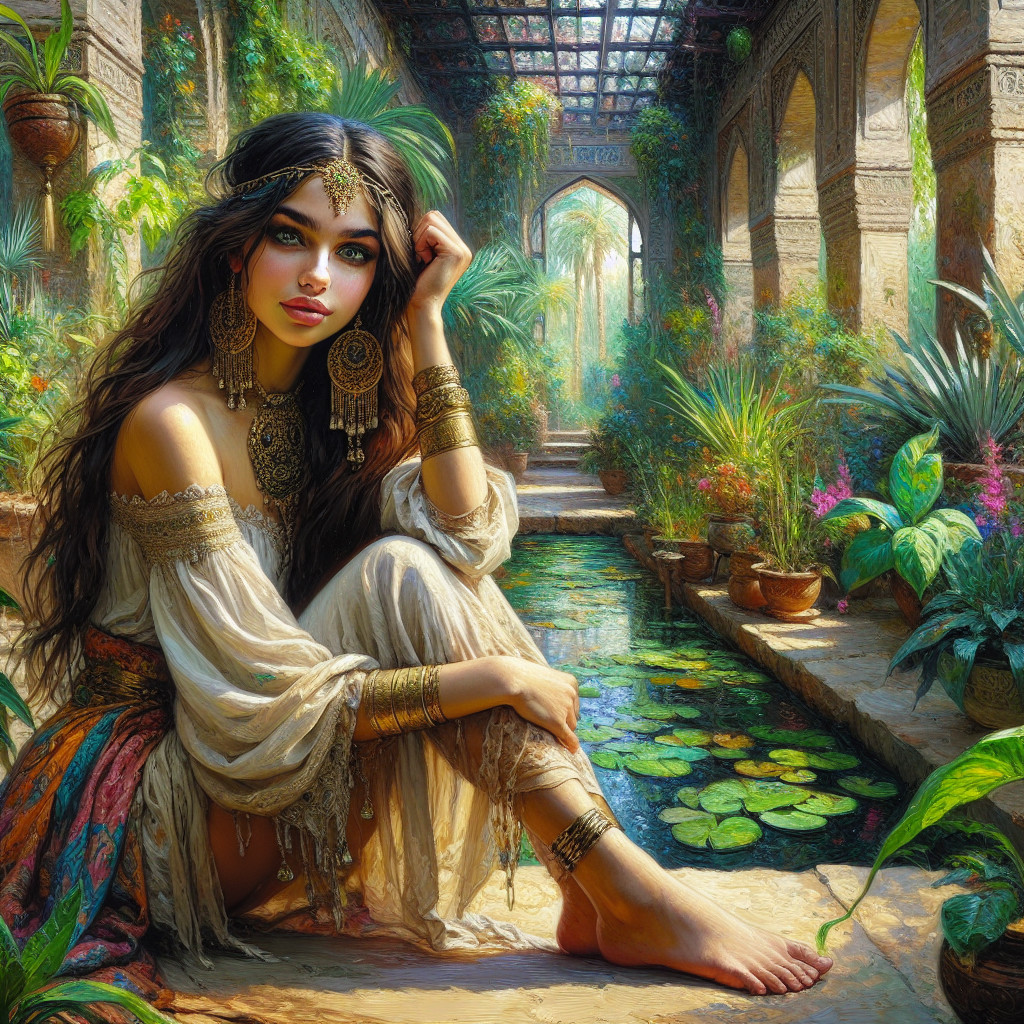 Lush Garden Scene with Young Woman by Tranquil Pond