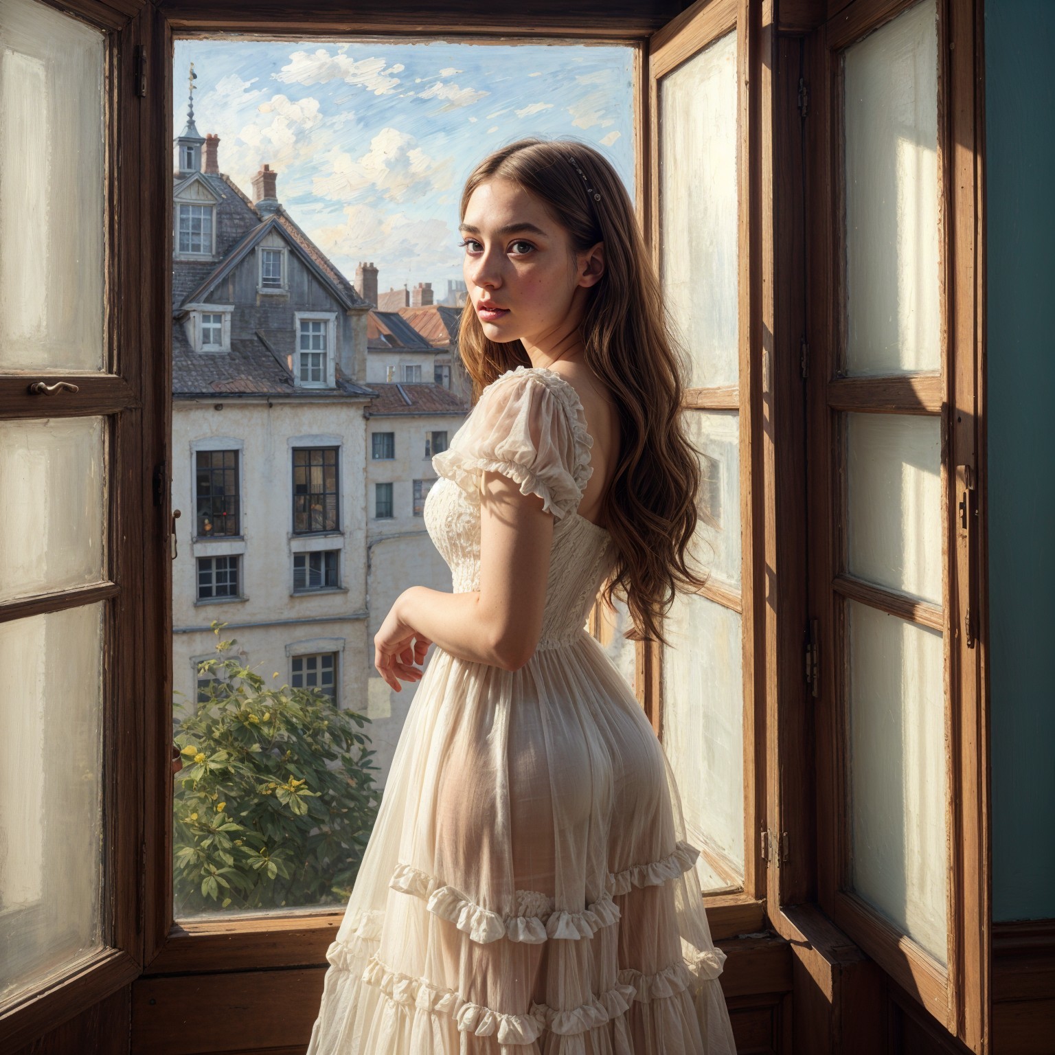 Young woman in sheer white dress by vintage window
