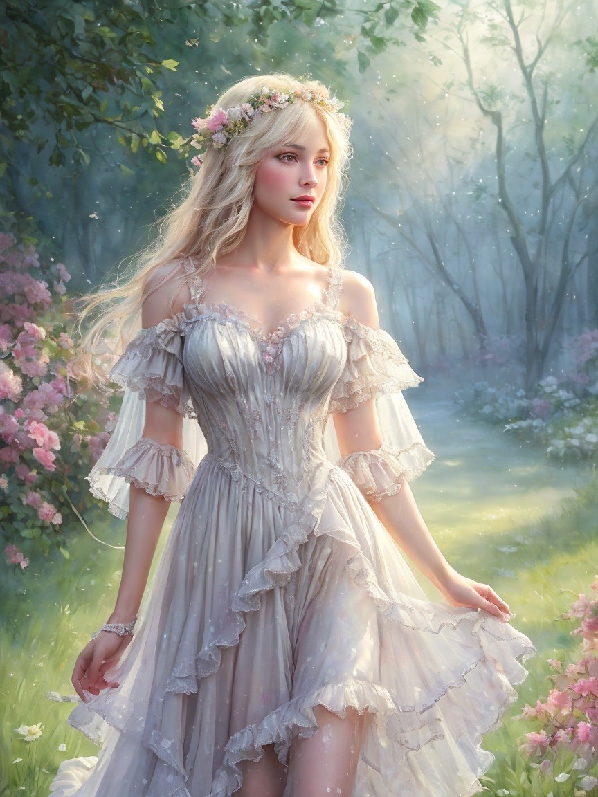 Young woman in ethereal gown in sunlit forest