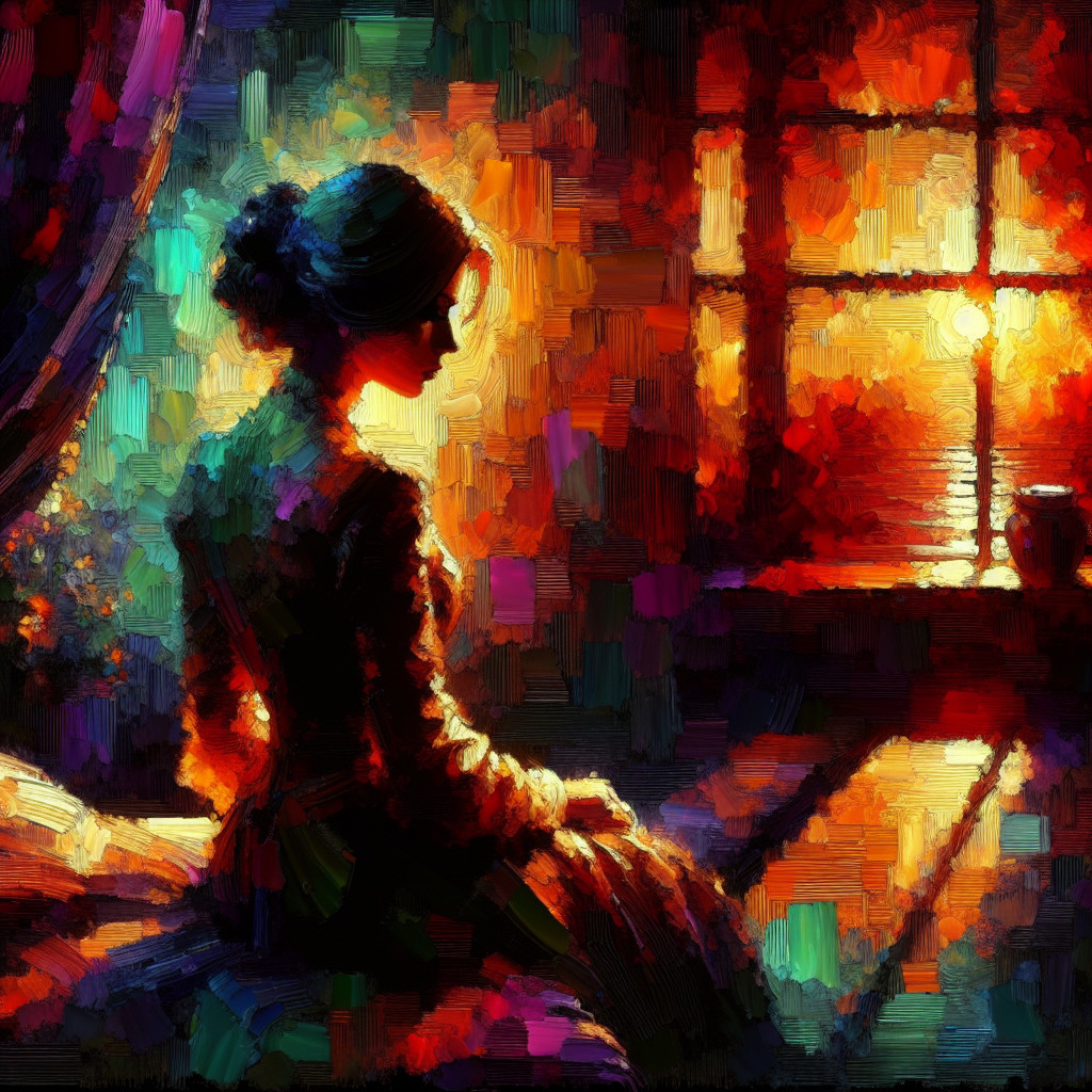 Impressionistic Oil Painting of Woman at Sunset Window