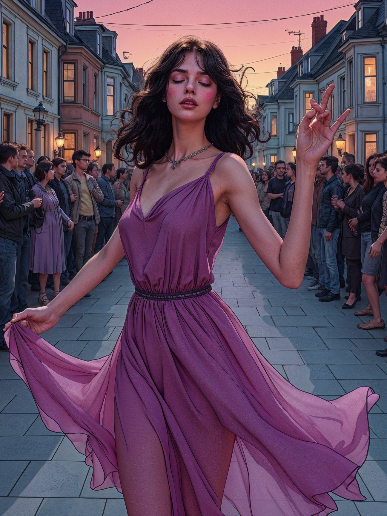 Young woman in purple dress twirls in vibrant street scene