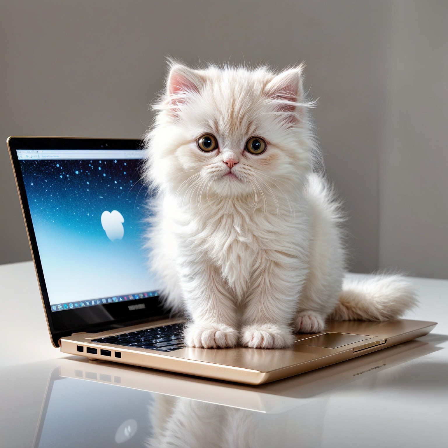 Fluffy white kitten on a gold laptop in bright setting