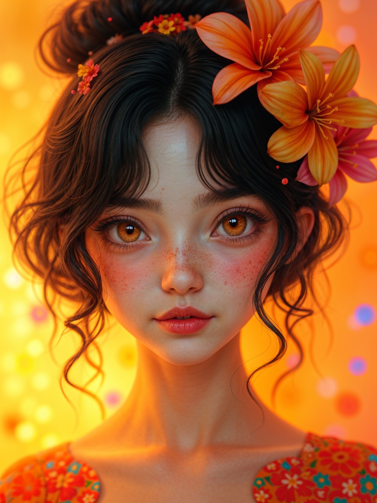 Young woman with curly hair and vibrant flowers