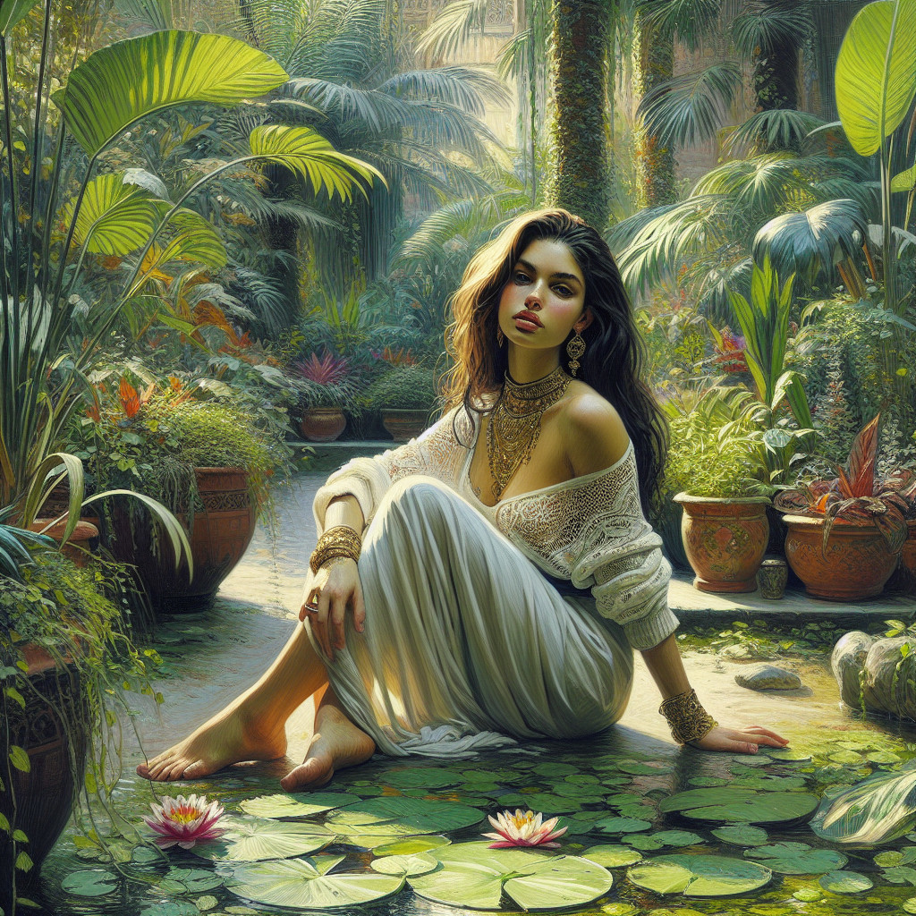 Young woman in a garden on water lilies with plants