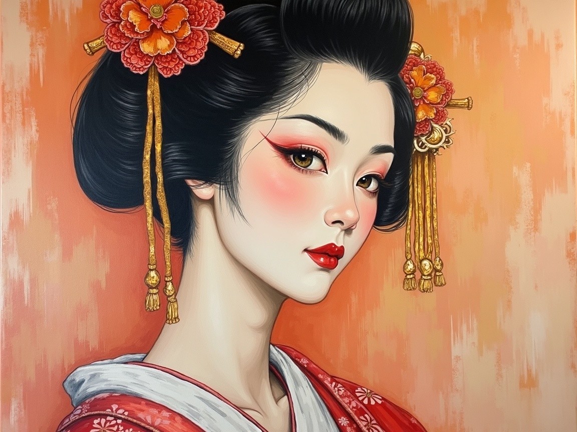 East Asian Woman in Vibrant Red Kimono with Floral Hair