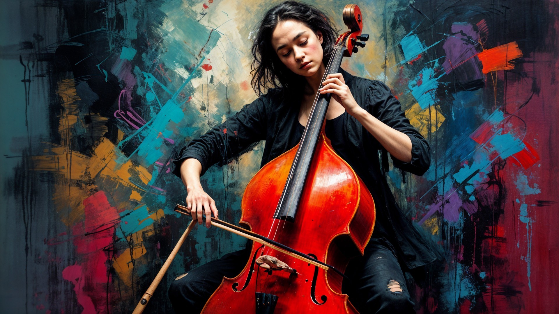 Young Woman Playing Cello in Abstract Colorful Setting