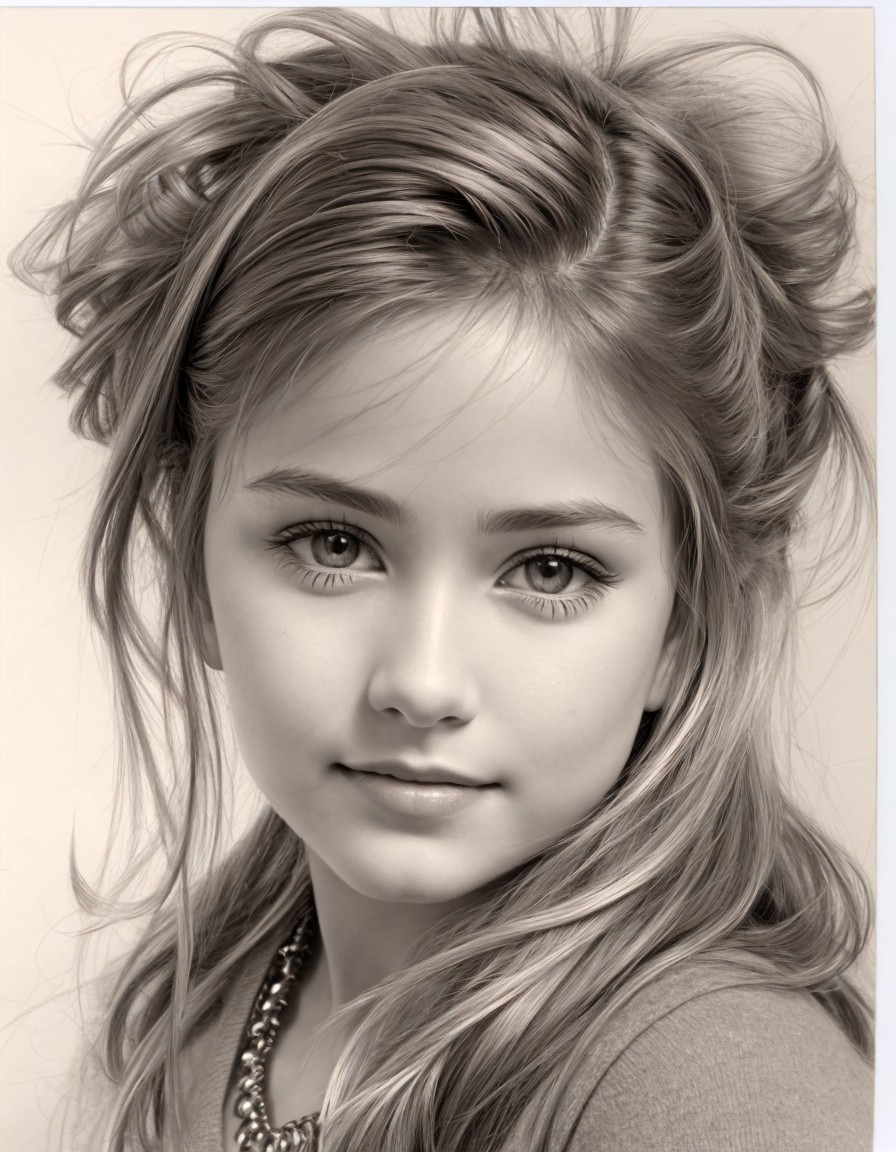 Young girl portrait in sepia tones with wavy hair and necklace