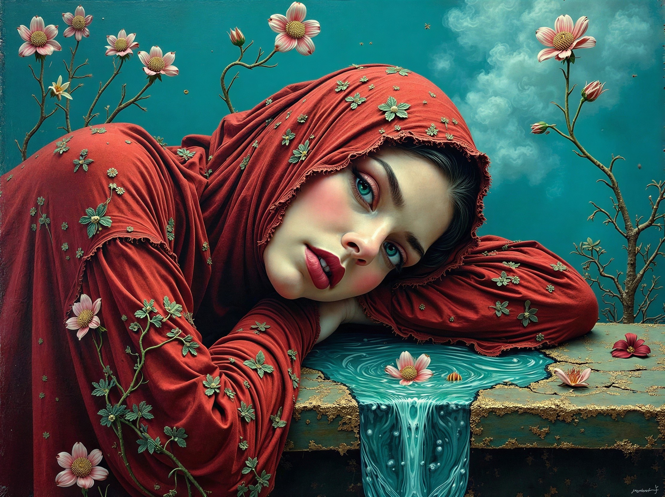 Young woman in red fabric with floral embroidery