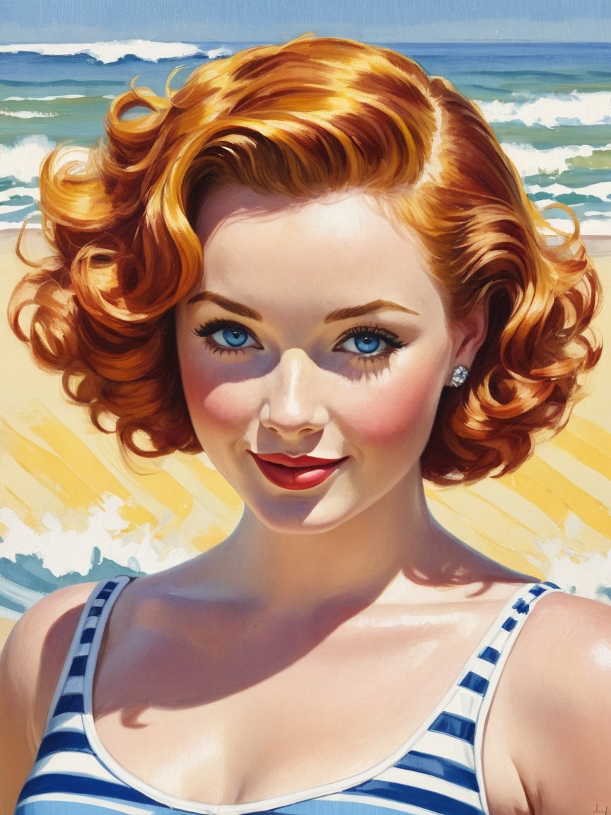 Young woman in striped swimsuit at sunny beach scene