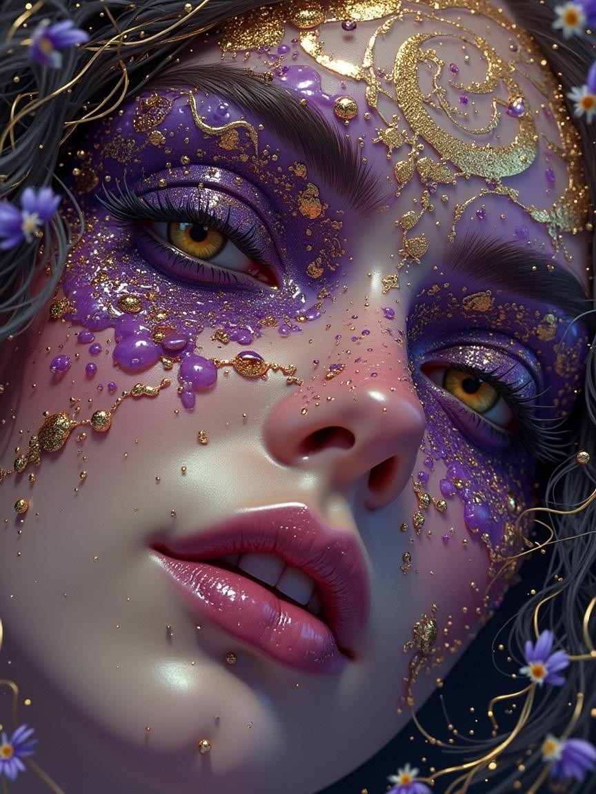 Close-Up of a Woman's Face with Purple and Gold Designs
