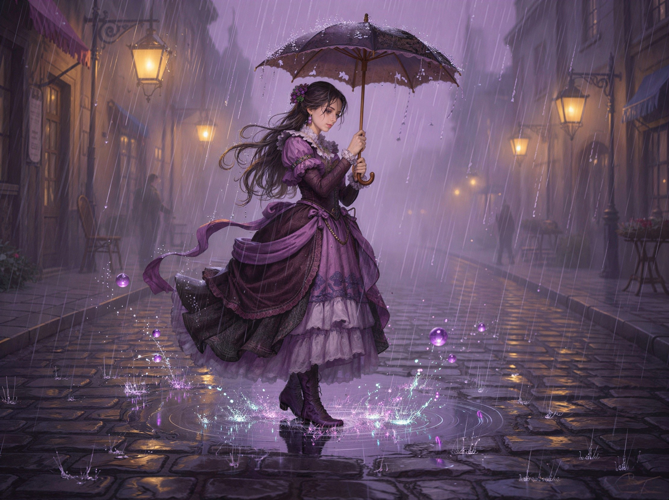 Anime-style digital painting of a woman in rain