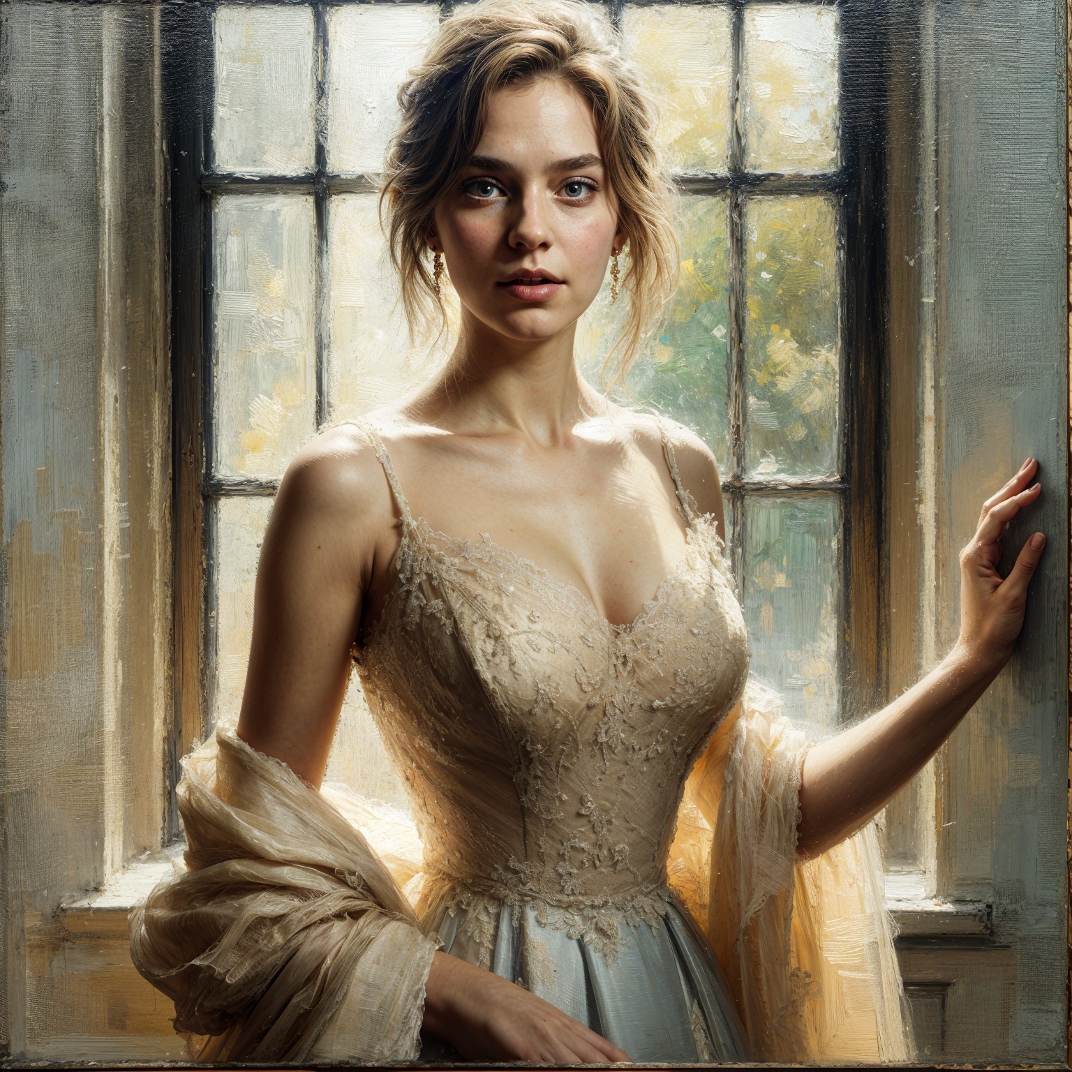 Young woman in lace gown by a window with natural light