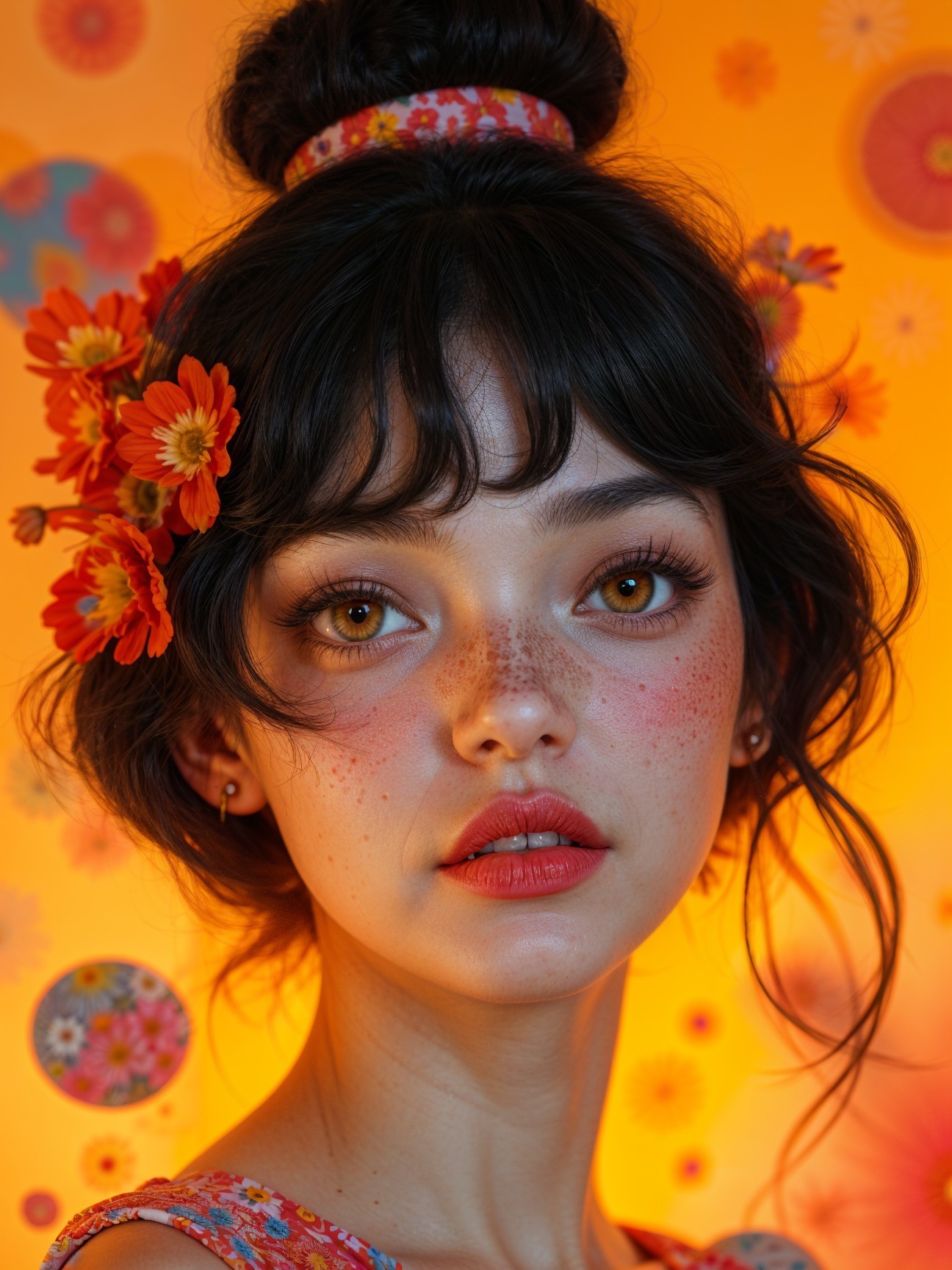 Young woman with flowers and warm orange background