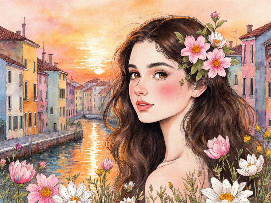 Young Woman with Flowers by a Sunset Canal Scene