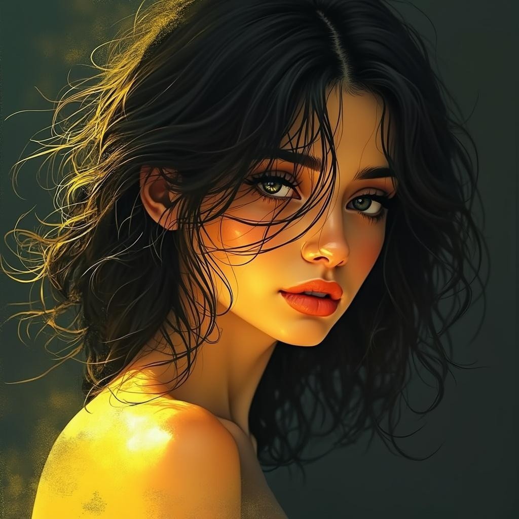 Young woman with dark hair in warm golden light
