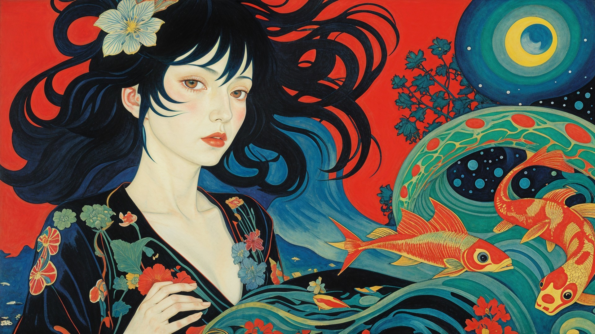 Young Woman with Black Hair and Koi Fish Artwork