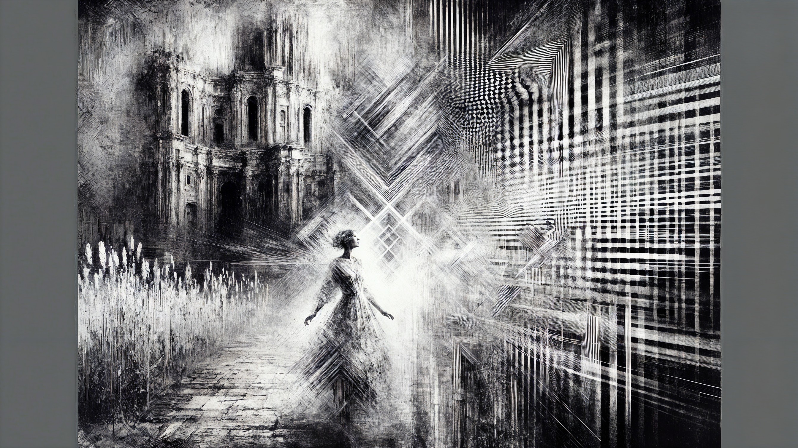Surreal Black and White Artwork with Architectural Elements