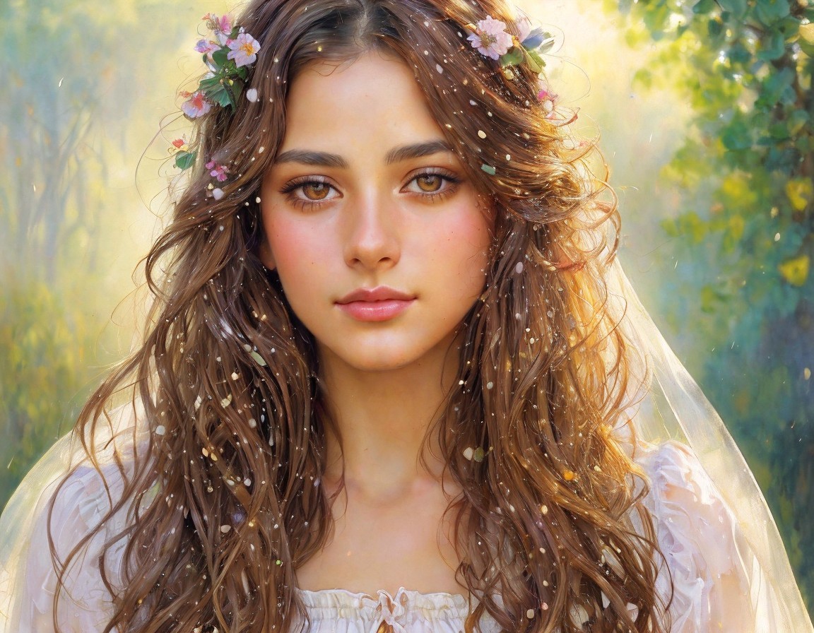 Portrait of a Young Woman with Floral Hair and Veil