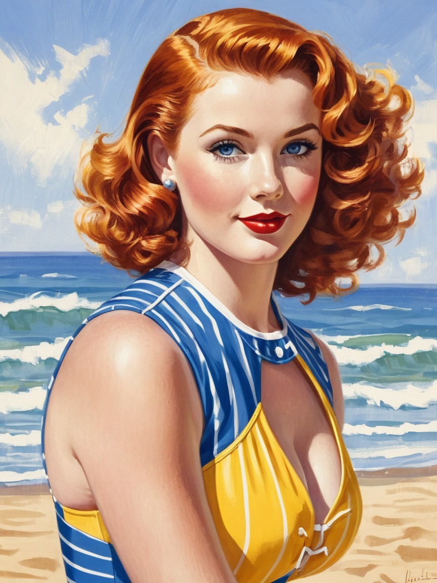 Vibrant Beach Scene with Retro Swimsuit and Waves