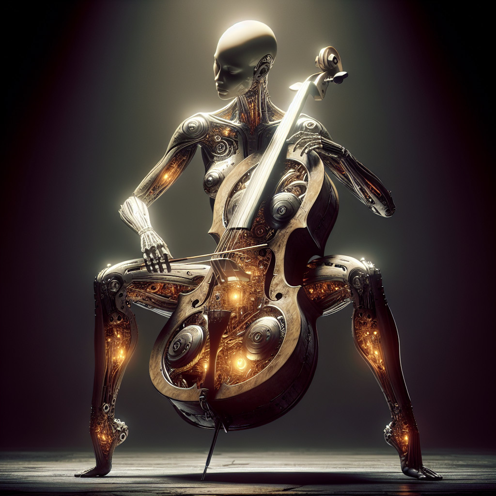 Futuristic Robot Playing Cello with Intricate Details
