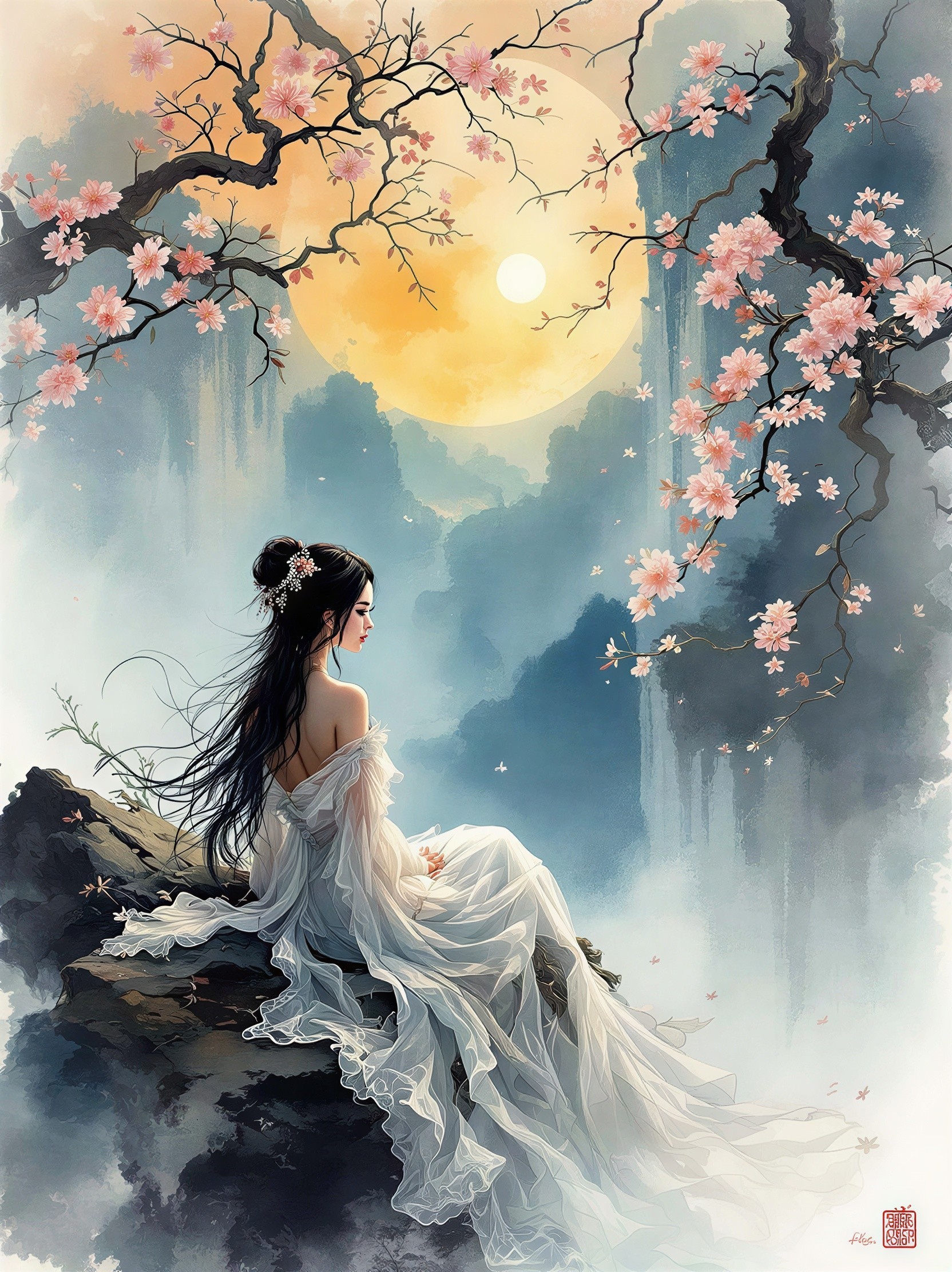 Celestial Digital Painting of a Woman by Waterfalls