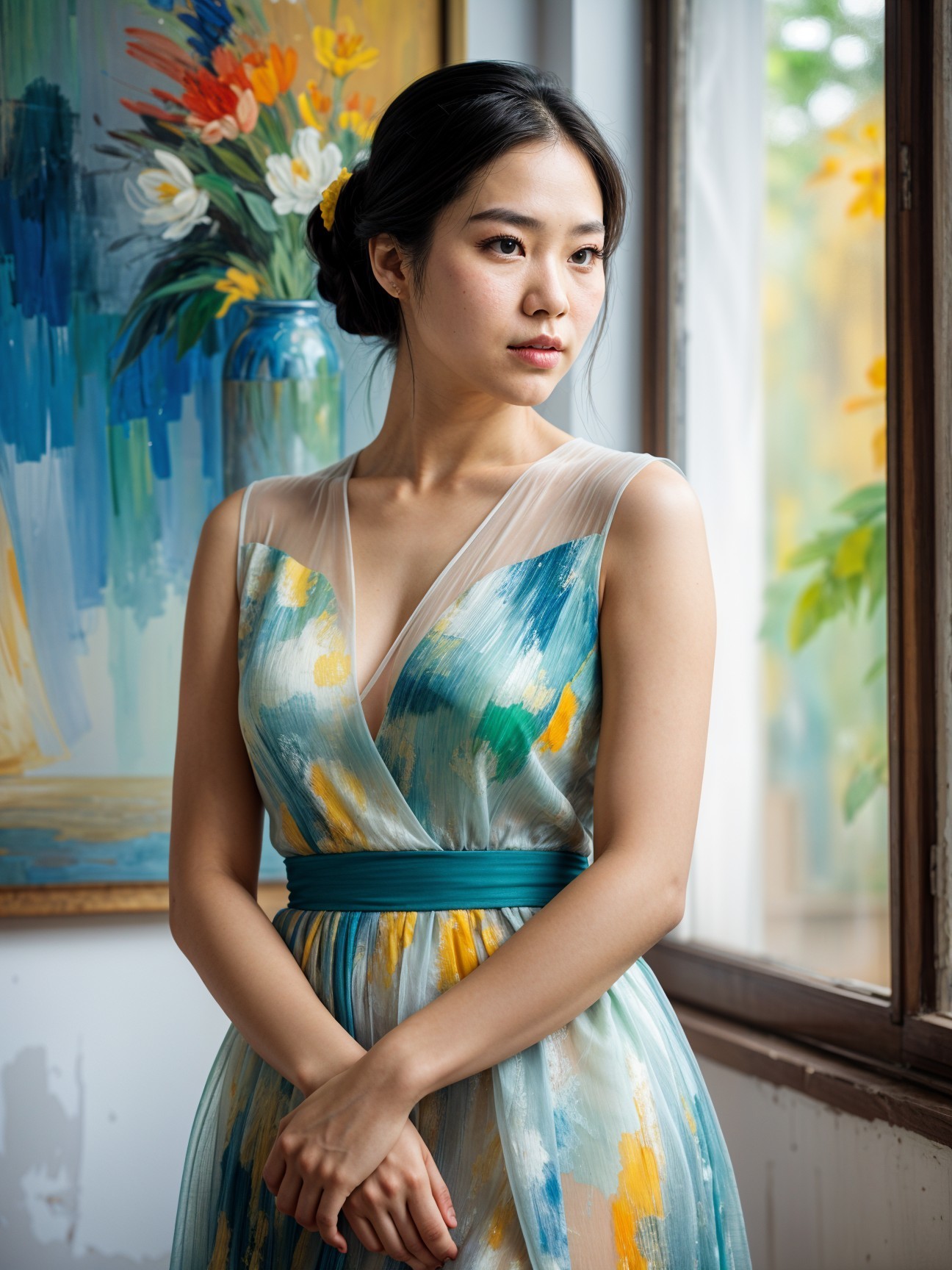 Young Woman in Colorful Dress by Floral Painting