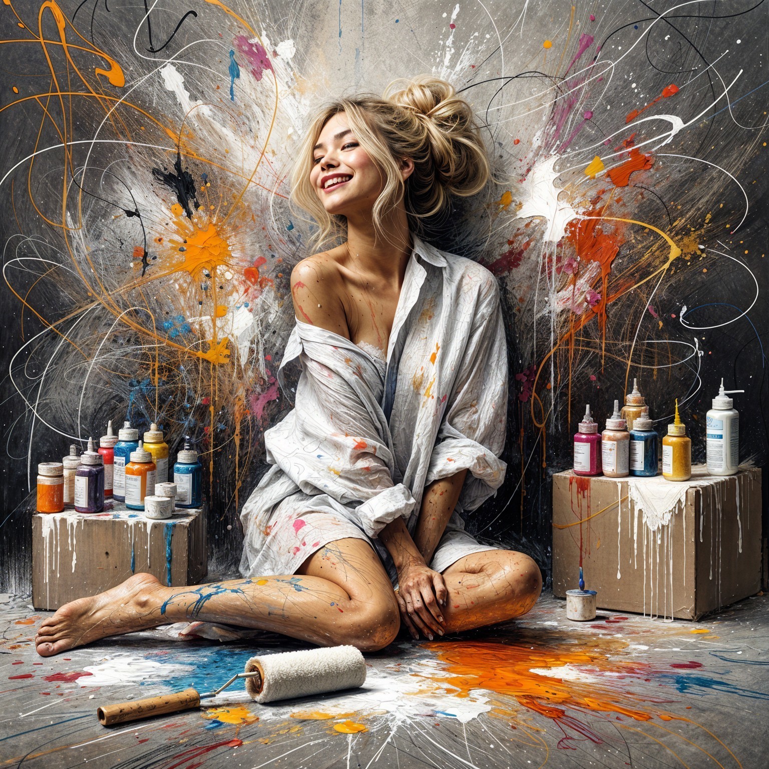 Young Woman Surrounded by Colorful Paint and Art Supplies