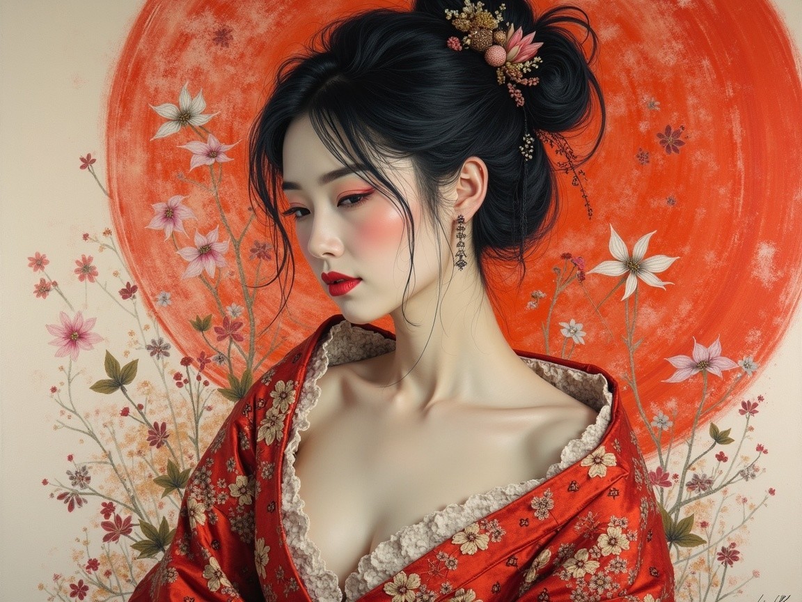 Woman in red kimono with floral motifs and backdrop